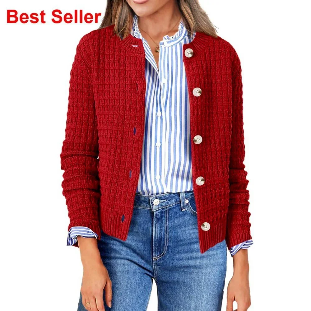 Cropped Cardigan Sweater Open Front Button Down Crew Neck Knit Jacket